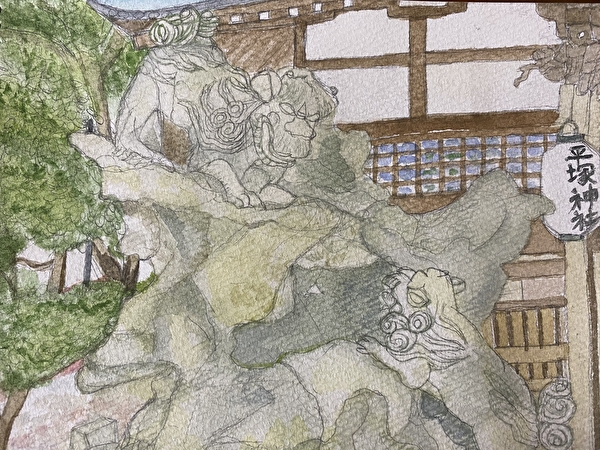 The komainu on the left at Hiratsuka shrine